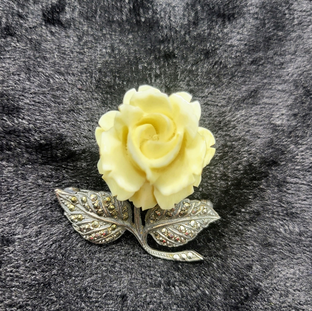 Antique Vintage Sterling Silver Marcasite 3-D Carved Rose Brooch Made In Germany 65$